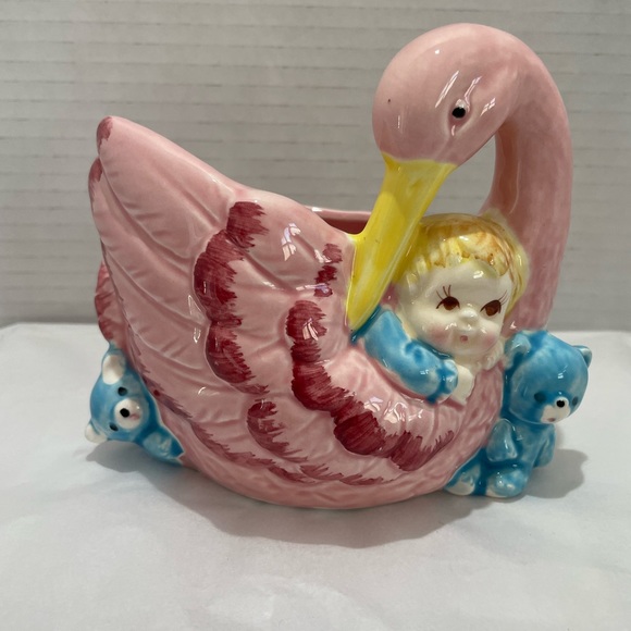 Vintage Nancy Pew Giftwares Japan 8207 Baby Nursery Planter Stork Baby 2 Bears - Picture 1 of 8